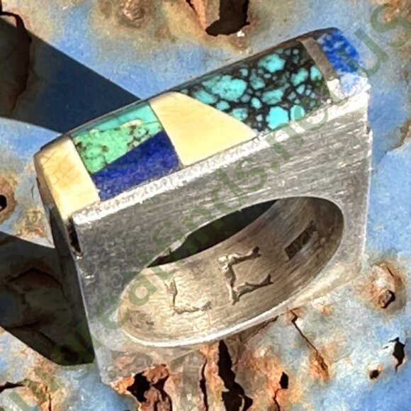 Vintage Sterling Silver Turquoise Inlay Square Ring Navajo Larry Castillo 7.5 - Picture 3 of 13